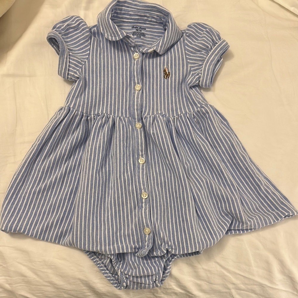Blue Striped Baby Dress with Embroidered Logo